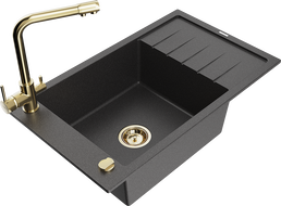 Mexen Elias granitový drez 1-komorový s odkvapkávacou plochou a kuchynskou batériou Duero, čierny škvrnitý - 6511-76-671600-50