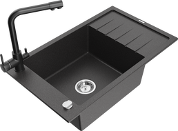 Mexen Elias žulový drez s 1 komorou, odkvapkávačom a kuchynskou batériou Duero, čierne s bielymi bodkami