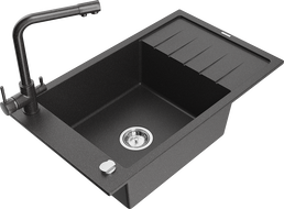 Mexen Elias žulový drez 1-komorový s odkvapkávačom a kuchynskou batériou Duero, čierna s bodkami - 6511-76-671600-76