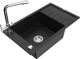 Mexen Elias granitový drez s 1 komorou s odkvapkávačom a kuchynskou batériou Duero, čierny - 6511-77-671600-00