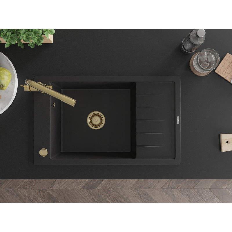 Mexen Elias žulový kuchynský drez s 1 komorou s odkvapkávačom a kuchynskou batériou Duero, čierny - 6511-77-671600-50