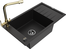 Mexen Elias žulový drez 1-komorový s odkvapkávačom a kuchynskou batériou Duero, čierny - 6511-77-671600-50-B