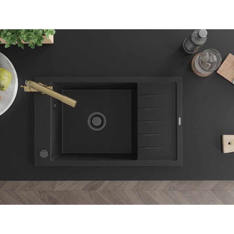 Mexen Elias žulový drez 1-komorový s odkvapkávačom a kuchynskou batériou Duero, čierny - 6511-77-671600-50-B