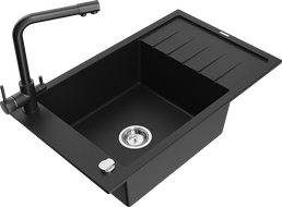Mexen Elias žulový drez s jednou komorou a odkvapkávačom a kuchynskou batériou Duero, čierny - 6511-77-671600-70