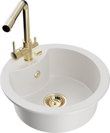 Mexen Diego žulový kuchynský drez s 1 komorou a kuchynskou batériou Duero, biely - 6512-20-671600-50