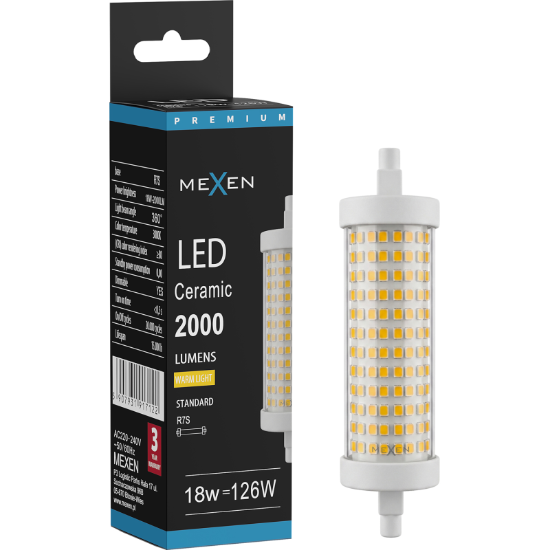 Mexen Vega Stmievateľná LED žiarovka R7S, 18W, Teplá - 3000K, 2000 lm - L125-R7S-1830-02
