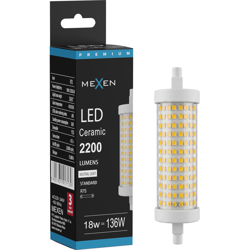 Mexen Vega Stmievateľná LED žiarovka R7S, 18W, Neutrálna - 4000K, 2200 lm - L125-R7S-1840-02