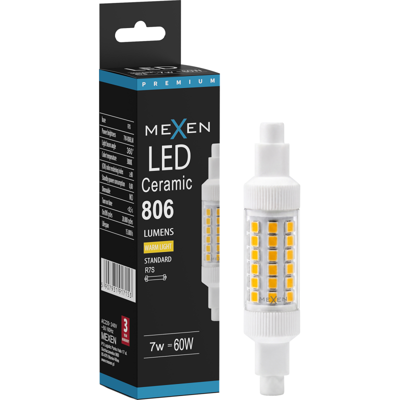 Mexen Vega LED žiarovka R7S, 7W, Teplá - 3000K, 806 lm - L126-R7S-0730-01