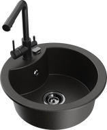 Mexen Diego žulový drez 1-komorový s kuchynskou batériou Duero, čierny/zlatý metalik - 6512-75-671600-70-B