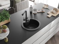 Mexen Diego žulový kuchynský drez s 1 komorou a kuchynskou batériou Duero, čierny - 6512-77-671600-70-B