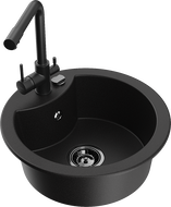 Mexen Diego žulový kuchynský drez s 1 komorou a kuchynskou batériou Duero, čierny - 6512-77-671600-70-B