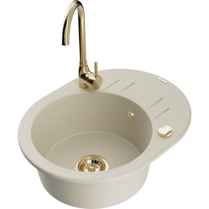 Mexen Kevin jednokomorový granitový drez s odkvapkávačom a kuchynskou batériou Telma, béžový - 6517-69-670200-50