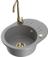 Mexen Kevin žulový kuchynský drez s 1 komorou a odkvapkávačom a kuchynskou batériou Telma, sivý - 6517-71-670200-50