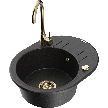 Mexen Kevin granitový jednodrez s odkvapkávačom a kuchynskou batériou Telma, čierny/strieborný metalik - 6517-73-670200-50