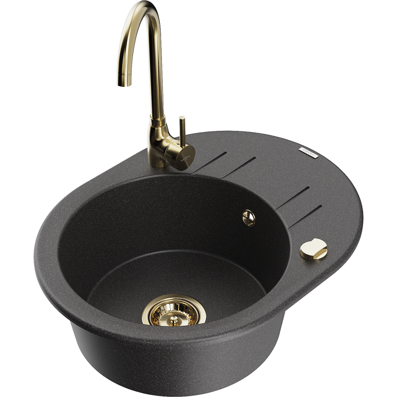 Mexen Kevin jednokomorový granitový drez s odkvapkávačom a kuchynskou batériou Telma, čierny s fliačikmi