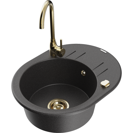 Mexen Kevin jednokomorový granitový drez s odkvapkávačom a kuchynskou batériou Telma, čierny s fliačikmi