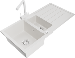 Mexen Andres žulový drez 1,5-komorový s odkvapkávačom a kuchynskou batériou Duero, biely - 6515-20-671600-20