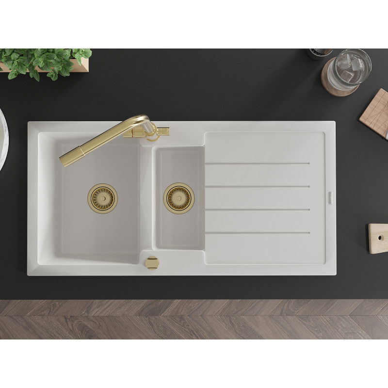 Mexen Andres granitový drez 1,5-komorový s odkvapkávačom a kuchynskou batériou Duero, biely - 6515-20-671600-50