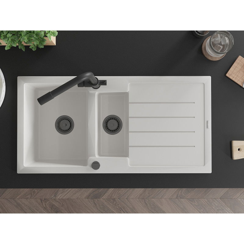 Mexen Andres granitový drez 1,5-komorový s odkvapkávačom a kuchynskou batériou Duero, biely - 6515-20-671600-70
