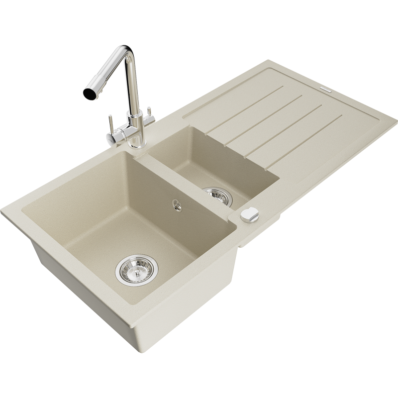 Mexen Andres granitový drez 1,5-komorový s odkvapkávačom a kuchynskou batériou Duero, béžový - 6515-69-671600-00