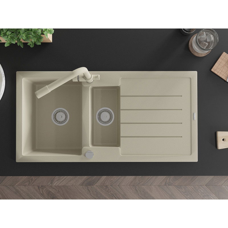 Mexen Andres žulový drez 1,5-komorový s odkvapkávačom a kuchynskou batériou Duero, béžový - 6515-69-671600-69