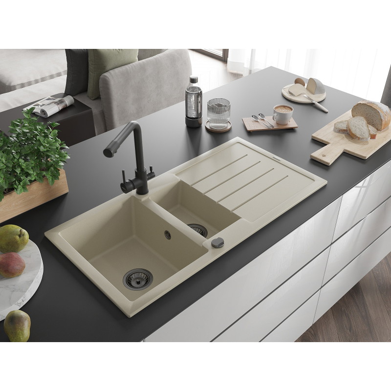 Mexen Andres Granitový drez s 1,5 komorou, odkvapkávačom a kuchynskou batériou Duero, béžový - 6515-69-671600-70