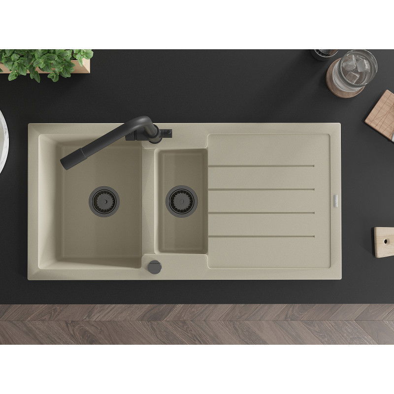 Mexen Andres žulový drez 1,5-komorový s odkvapkávačom a kuchynskou batériou Duero, béžový - 6515-69-671600-70