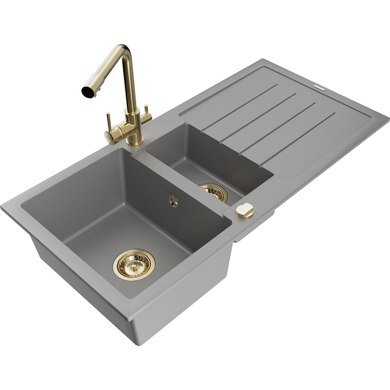 Mexen Andres žulový drez s 1,5-komorou s odkvapkávačom a kuchynskou batériou Duero, šedý - 6515-71-671600-50