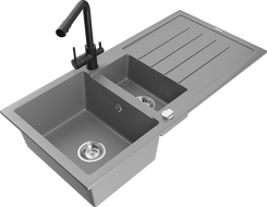 Mexen Andres žulový drez 1,5-komorový s odkvapom a kuchynskou batériou Duero, šedý - 6515-71-671600-70