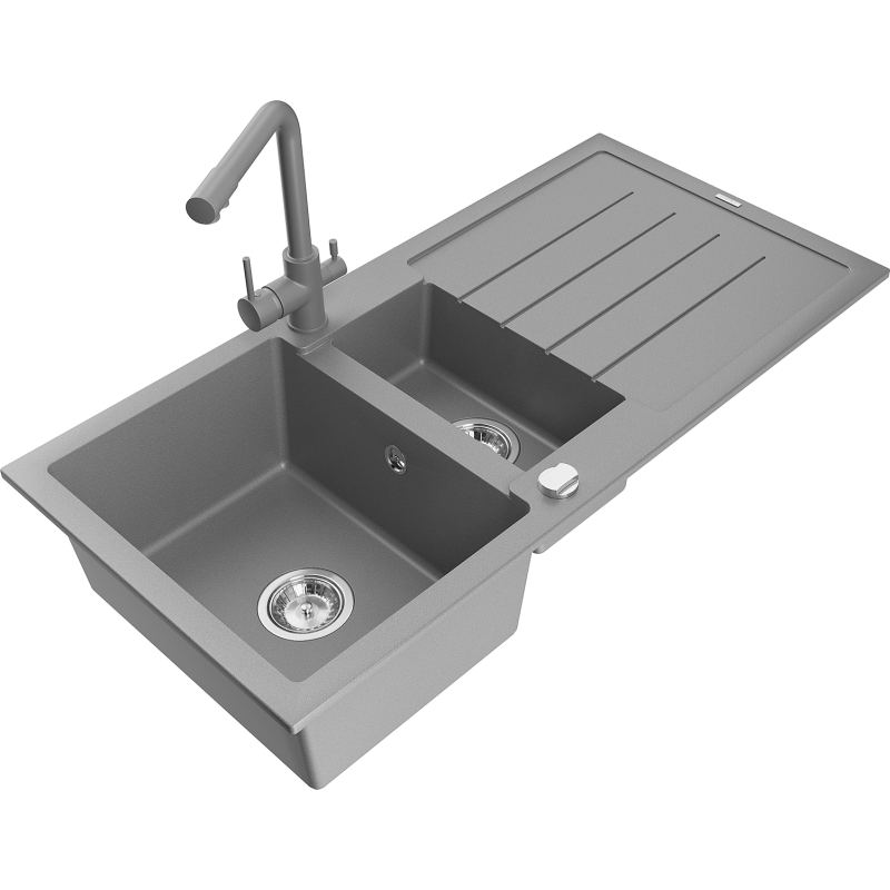 Mexen Andres žulový drez 1,5-komorový s odkvapkávačom a kuchynskou batériou Duero, šedý - 6515-71-671600-71