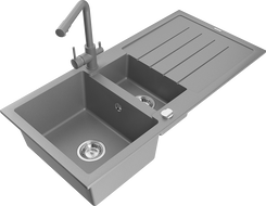 Mexen Andres žulový drez 1,5-komorový s odkvapkávačom a kuchynskou batériou Duero, šedý - 6515-71-671600-71