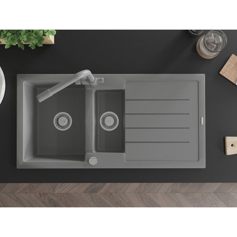 Mexen Andres žulový drez 1,5-komorový s odkvapkávačom a kuchynskou batériou Duero, šedý - 6515-71-671600-71
