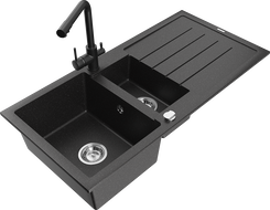 Mexen Andres žulový drez s 1,5-komorou a odkvapkávačom a kuchynskou batériou Duero, čierna/strieborná - 6515-73-671600-70