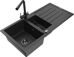 Mexen Andres granitový drez 1,5-komorový s odkvapkávačom a kuchynskou batériou Duero, čierny/strieborný