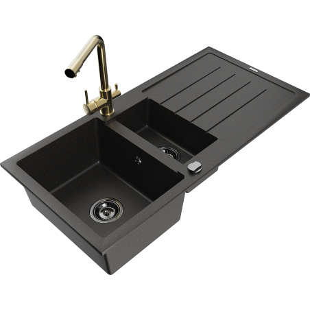 Mexen Andres granitový drez 1,5-komorový s odkvapávačom a kuchynskou batériou Duero, čierny/zlatý - 6515-75-671600-50-B
