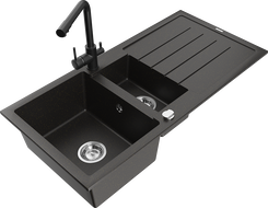 Mexen Andres žulový drez 1,5-komorový s odkvapkávačom a kuchynskou batériou Duero, čierny/zlatý - 6515-75-671600-70