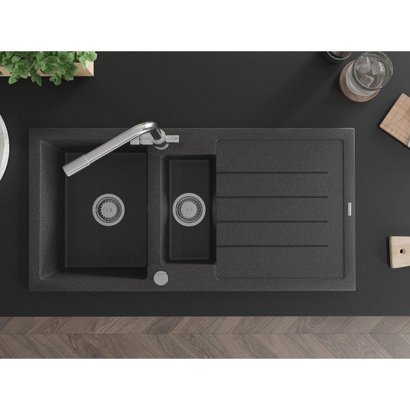 Mexen Andres žulový drez 1,5-komorový s odkvapkávačom a kuchynskou batériou Duero, čierny s bodkami - 6515-76-671600-00
