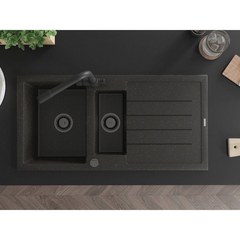 Mexen Andres granitový drez 1,5-komorový s odkvapkávačom a kuchynskou batériou Duero, čierny/zlatý - 6515-75-671600-70-B