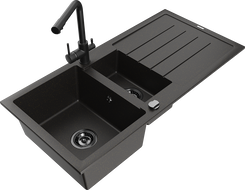 Mexen Andres granitový drez 1,5-komorový s odkvapkávačom a kuchynskou batériou Duero, čierny/zlatý - 6515-75-671600-70-B