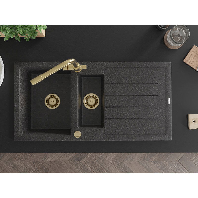 Mexen Andres žulový drez 1,5-komorový s odkvapkávačom a kuchynskou batériou Duero, čierno-škvrnitý - 6515-76-671600-50