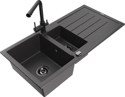 Mexen Andres granitový drez 1,5-komorový s odkvapkávačom a kuchynskou batériou Duero, čierny bodkovaný - 6515-76-671600-70-B