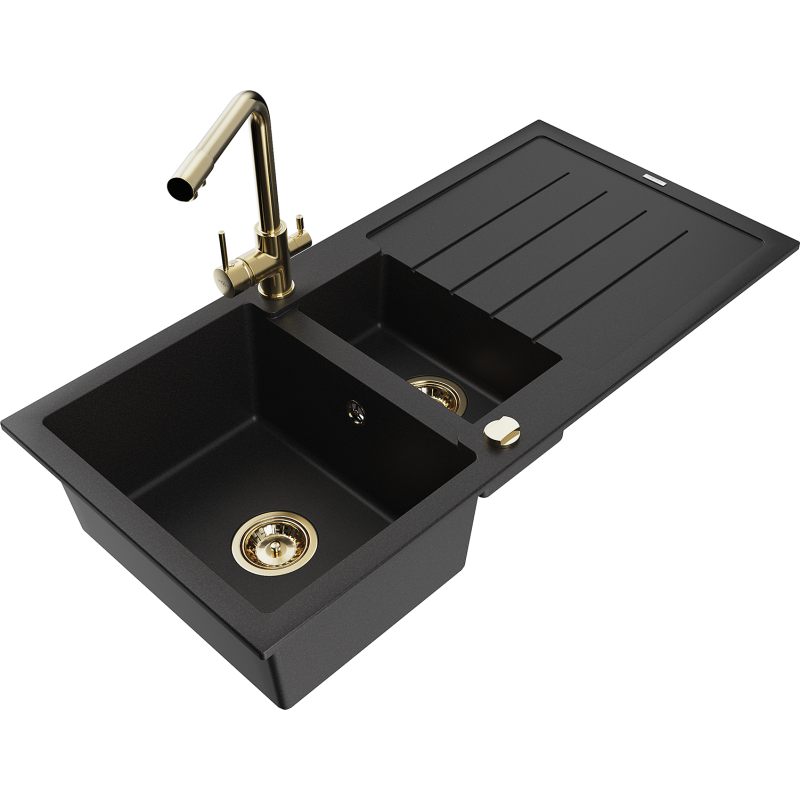 Mexen Andres granitový drez 1,5-komorový s odkvapkávačom a kuchynskou batériou Duero, čierny - 6515-77-671600-50