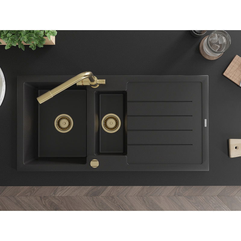 Mexen Andres granitový drez 1,5-komorový s odkvapkávačom a kuchynskou batériou Duero, čierny - 6515-77-671600-50