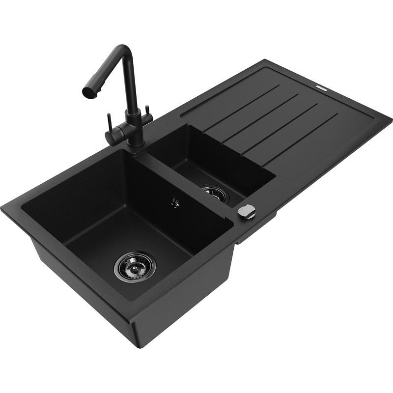 Mexen Andres žulový drez 1,5-komorový s odkvapkávačom a kuchynskou batériou Duero, čierny - 6515-77-671600-70-B
