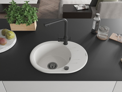 Mexen Kevin granitový kuchynský drez 1-komorový s odkvapkávačom a kuchynskou batériou Duero, biely - 6517-20-671600-70