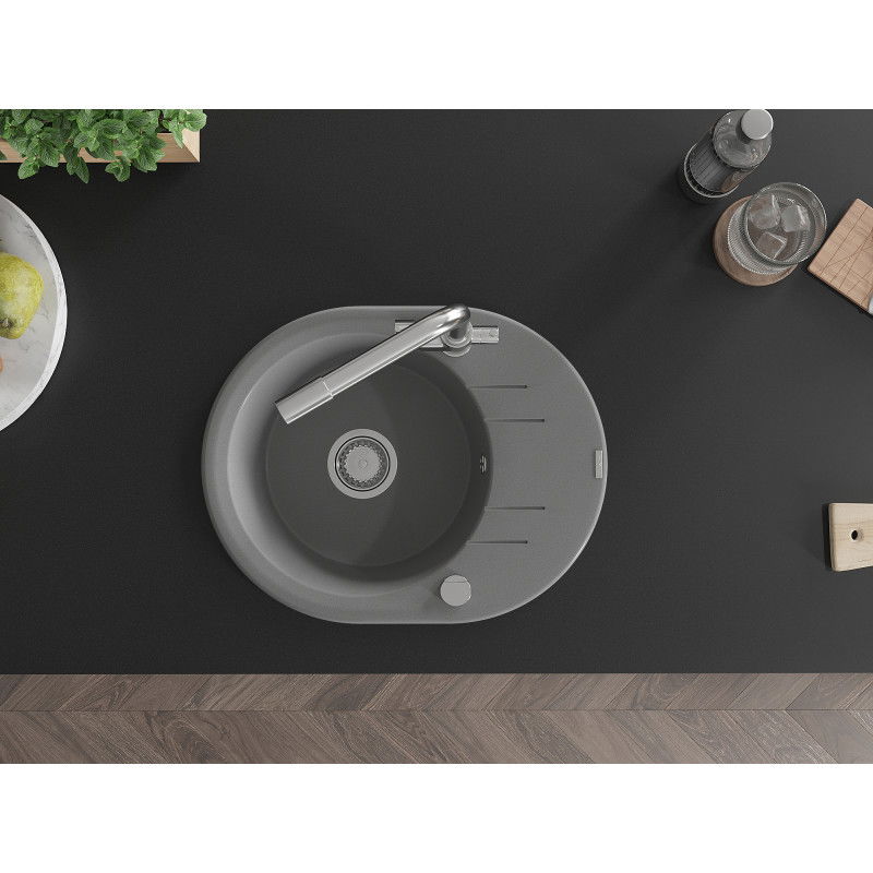 Mexen Kevin granitový drez 1-komorový s odkvapkávačom a kuchynskou batériou Duero, šedý - 6517-71-671600-00