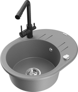 Mexen Kevin granitový drez 1-komorový s odkvapkávateľom a kuchynskou batériou Duero, sivý - 6517-71-671600-70