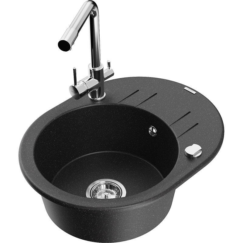 Mexen Kevin granitový drez 1-komorový s odkvapkávačom a kuchynskou batériou Duero, čierny/strieborný metalik