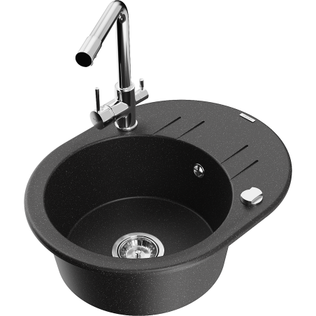 Mexen Kevin granitový drez 1-komorový s odkvapkávačom a kuchynskou batériou Duero, čierny/strieborný metalik