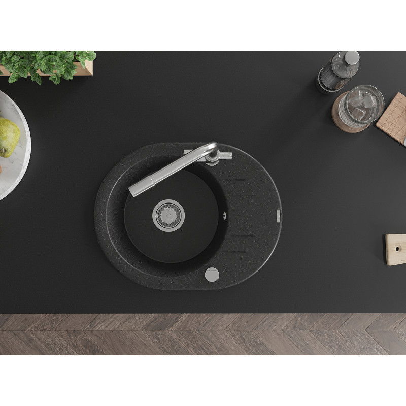 Mexen Kevin granitový drez 1-komorový s odkvapkávačom a kuchynskou batériou Duero, čierny/strieborný metalik